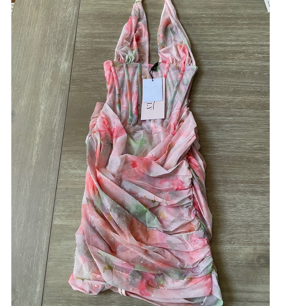 Oh Polly Florence Embellished Draped Mini Dress Pink Floral Print 6 New With Tag - Picture 6 of 6